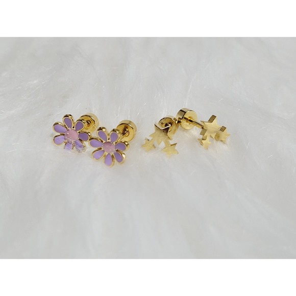 2 Sets of Star and Purple Flower Style Stainless Steel Earrings  02034 - Picture 5 of 10